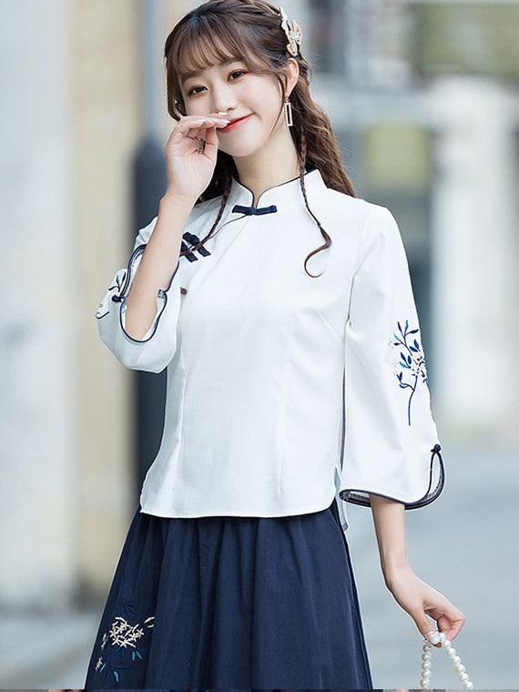 White Embroidered Qipao / Cheongsam Blouse Top