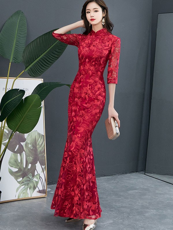 Burgundy Fishtail Qipao / Cheongsam Wedding Dress