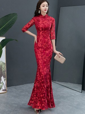 Burgundy Fishtail Qipao / Cheongsam Wedding Dress