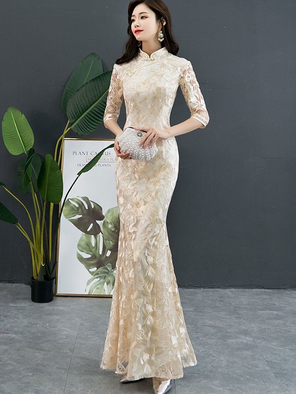 Champagne Fishtail Qipao / Cheongsam Prom Dress