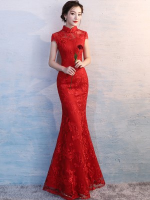 Red Long Fishtail Qipao / Cheongsam Wedding Dress