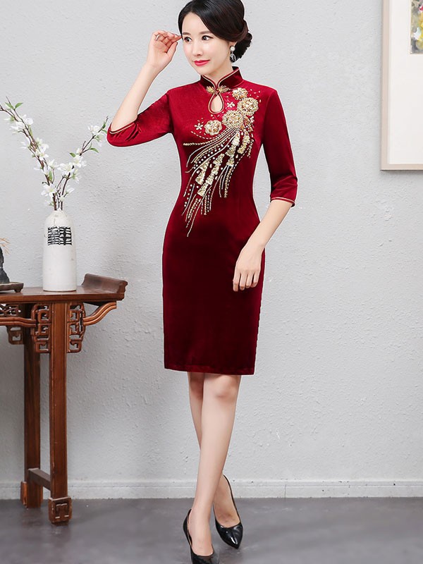 Mothers Red Blue Beaded Velvet Qipao / Cheongsam Dress