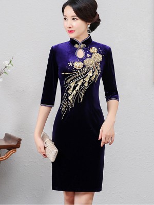 Mothers Red Blue Beaded Velvet Qipao / Cheongsam Dress