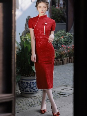 Red White Lace Engagement Pearl Qipao / Cheongsam Dress
