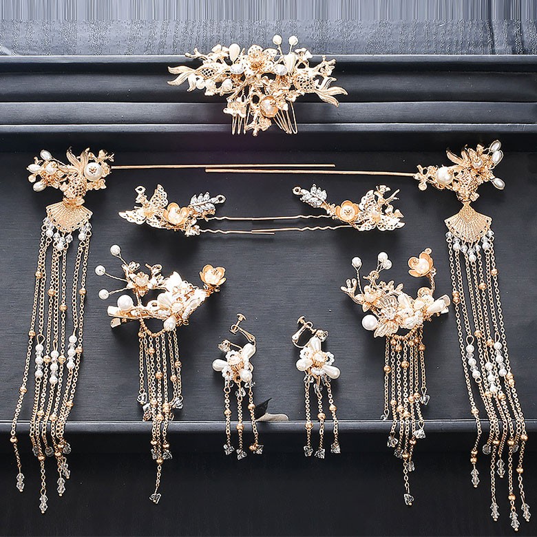 Tassel Bridal Flower Hair Combs Clips & Earrings