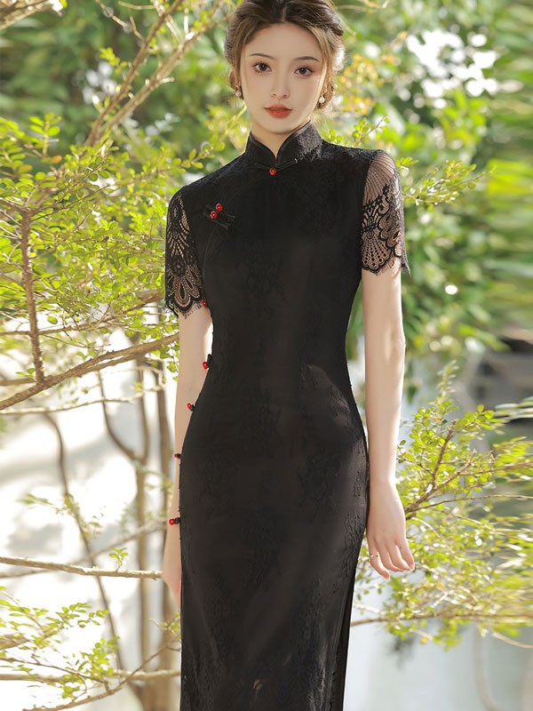 2022 Black Lace Modern Qipao / Cheongsam Dress - CozyLadyWear