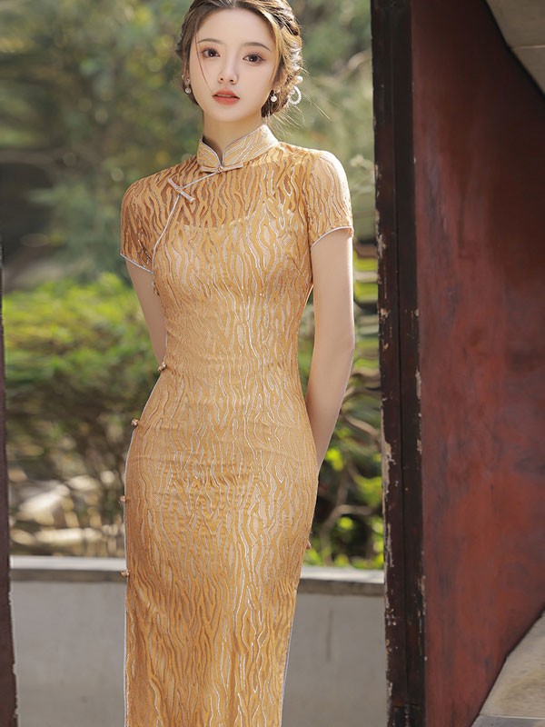 2022 Gold Lace Illusion Shoulder Qipao / Cheongsam Dress