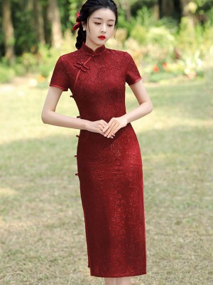 Burgundy Lace Midi Tea Qipao / Cheongsam Dress