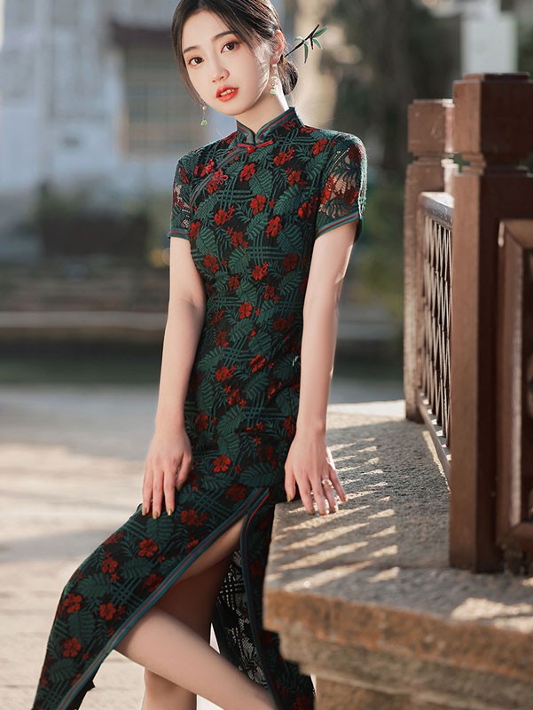 2022 Green Floral Lace Maxi Qipao / Cheongsam Dress