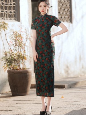 2022 Green Floral Lace Maxi Qipao / Cheongsam Dress