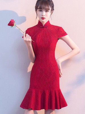 Wine Red Lace Qipao / Cheongsam Wedding Dress with Frill Hem