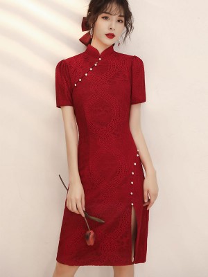 Wine Red Lace Short Qipao / Cheongsam Wedding Dress