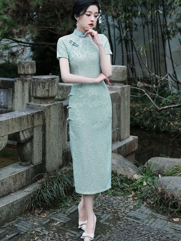 2022 Pink Green Lace Maxi Qipao / Cheongsam Dress