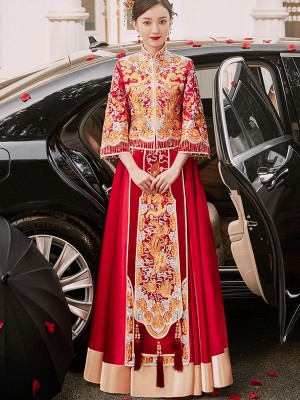 2026 Dragon Phoenix Wedding Bridal Qun Kwa with Fit & Flare Skirt