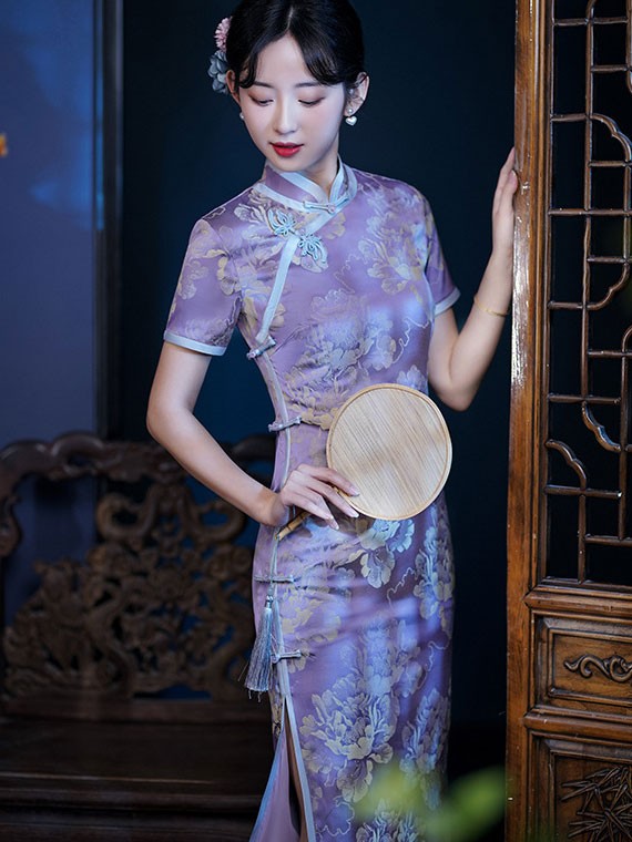 Purple Jacquard Maxi Qipao / Cheongsam Dress