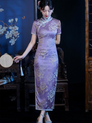 Purple Jacquard Maxi Qipao / Cheongsam Dress