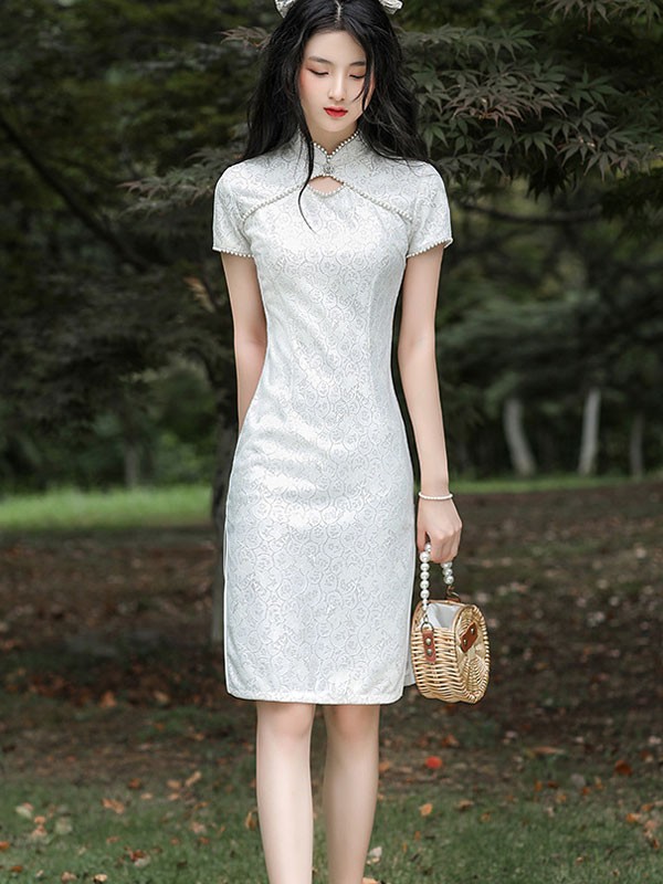 Red White Beaded Lace Midi Qipao / Cheongsam Dress