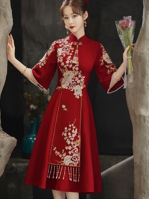 A-Line Embroidered Midi Qipao / Cheongsam Wedding Dress