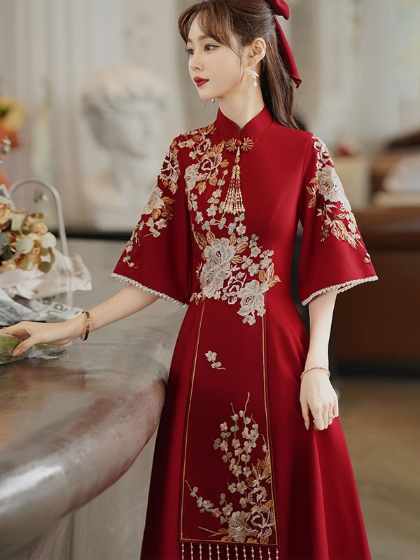 A-Line Embroidered Midi Qipao / Cheongsam Wedding Dress