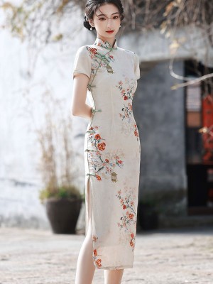 Floral Ramie Tea-Length Summer Qipao / Cheongsam Dress