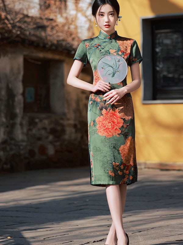 Mother's Printed Blossom Midi Qipao / Cheongsam Dress