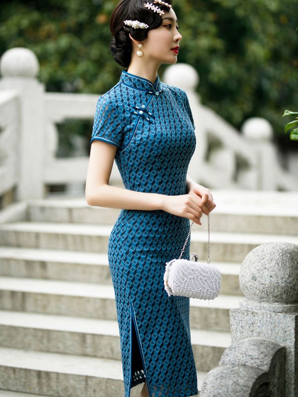 2022 Blue Lace Midi Qipao / Cheongsam Dress