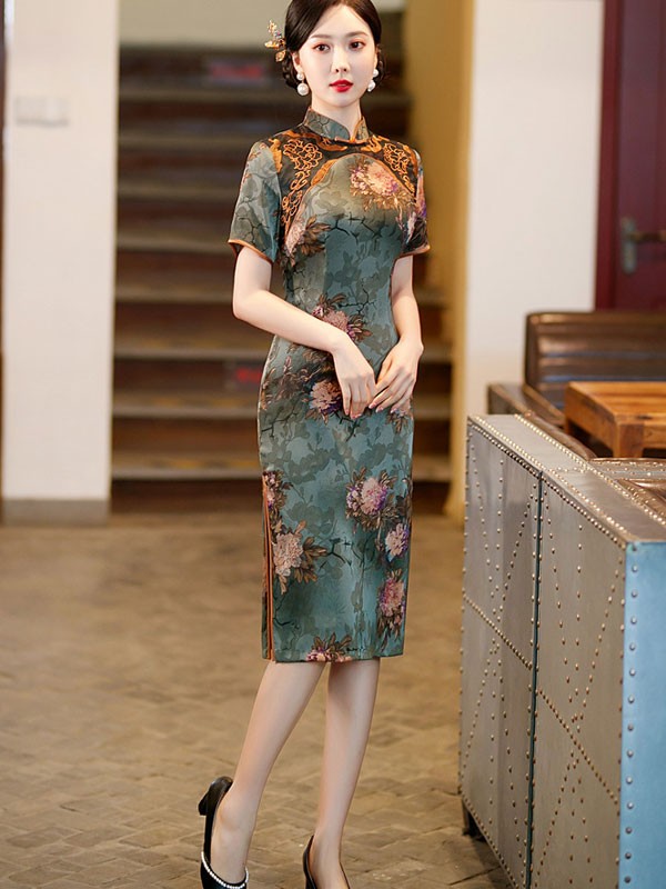 Purple Green Mother's Floral Midi Qipao / Cheongsam Dress