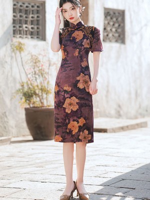 Purple Green Mother's Floral Midi Qipao / Cheongsam Dress