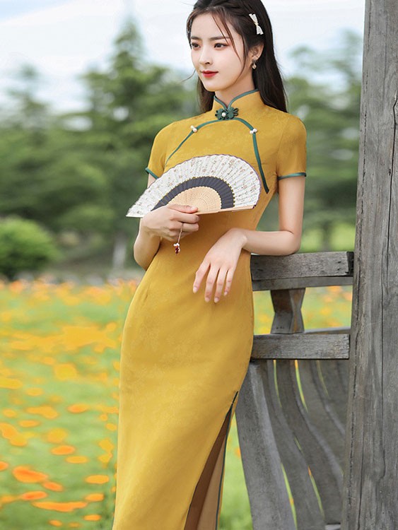 Yellow Jacquard Maxi Qipao / Cheongsam Dress