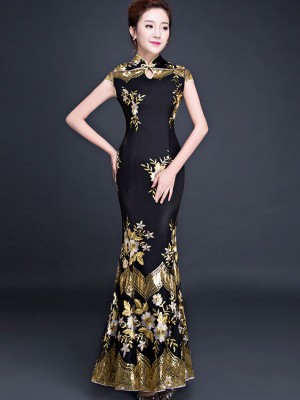 Black Embroidered Fishtail Qipao / Cheongsam Prom Dress