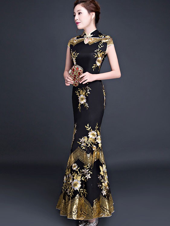 Black Embroidered Fishtail Qipao / Cheongsam Prom Dress