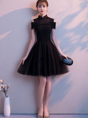 Black Cold Shoulder Tulle Qipao / Cheongsam Party Dress