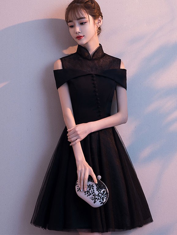 Black Cold Shoulder Tulle Qipao / Cheongsam Party Dress