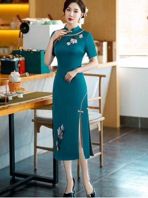 Green Black Mother's Embroidered Mid Tea Qipao / Cheongsam Dress