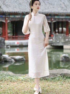 White Chiffon Bell Sleeve Qipao / Cheongsam Dress