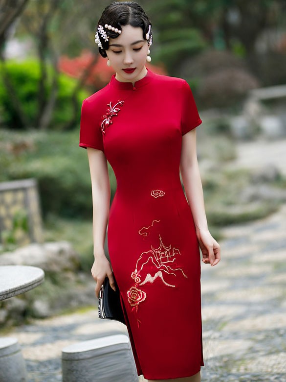 Red Blue Bridal Mothers Embroidered Mid Qipao / Cheongsam Dress