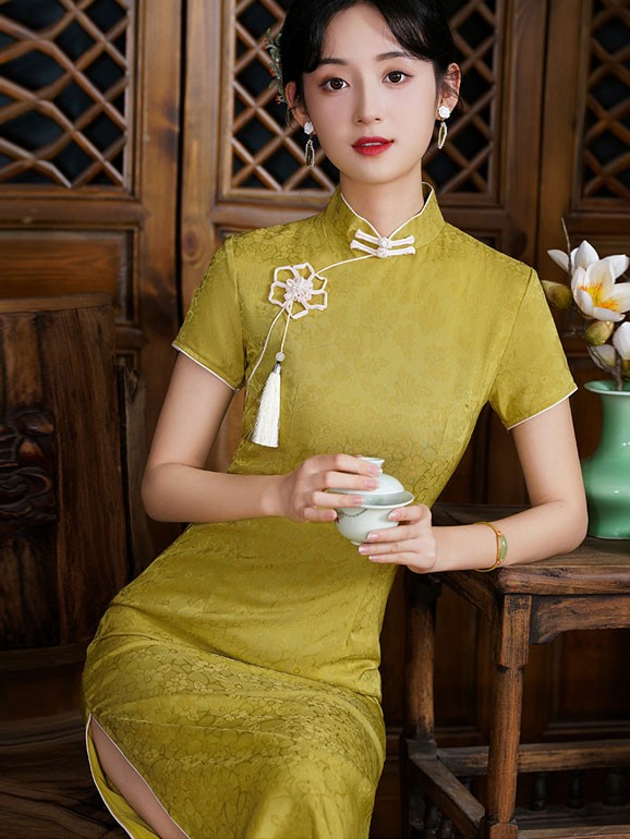 2022 Summer Yellow Midi Tea Qipao / Cheongsam Dress