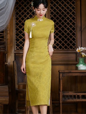 Yellow Jacquard Midi Tea Qipao Cheongsam Dress