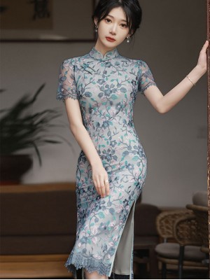 2022 Gray Floral Lace Midi Qipao / Cheongsam Dress