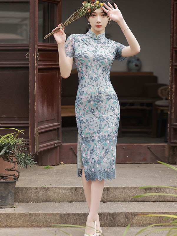 2022 Gray Floral Lace Midi Qipao / Cheongsam Dress