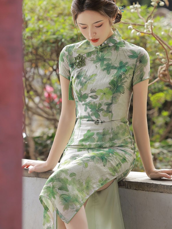 Green Floral Linen Tea Qipao / Cheongsam Dress