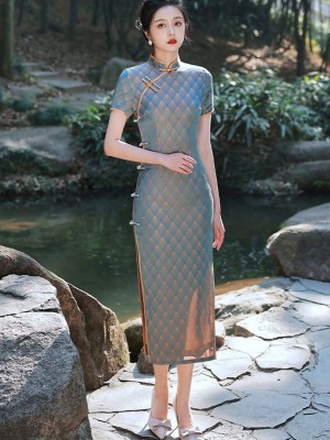 Blue Jacquard Tea-Length Qipao / Cheongsam Dress