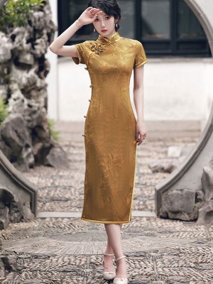 Golden Jacquard Tea Md Qipao / Cheongsam Dress