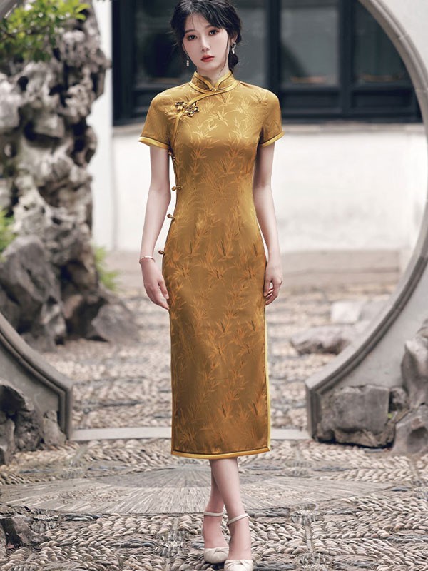 Blue Golden Jacquard Maxi Qipao / Cheongsam Dress