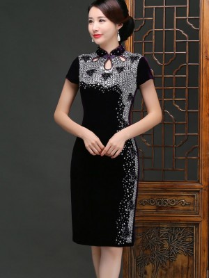 Short Stretchy Velour Qipao / Cheongsam Dress with Beads