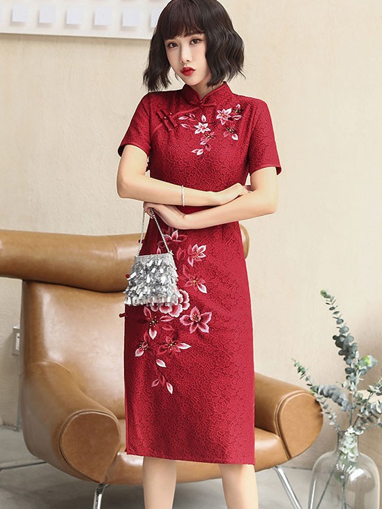 Embroidered Red Lace Midi Qipao / Cheongsam Dress