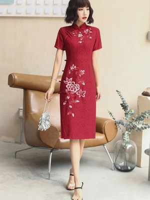 Embroidered Red Lace Midi Qipao / Cheongsam Dress