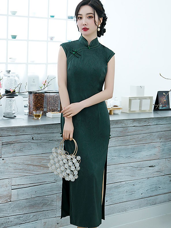 Green Red Gray Maxi Qipao / Cheongsam Dress