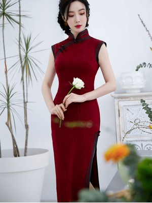 Green Red Gray Maxi Qipao / Cheongsam Dress