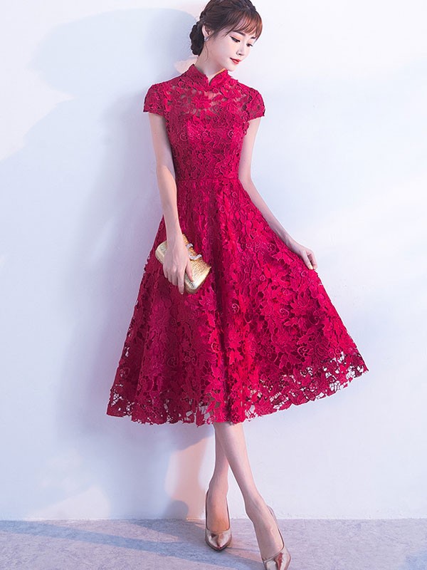 Burgundy Lace Fit & Flare Cheongsam / Qipao Prom Dress